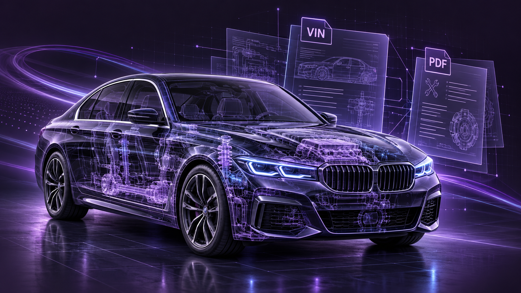 Automobil s fialovými technickými výkresmi a dokumentáciou VIN a PDF
